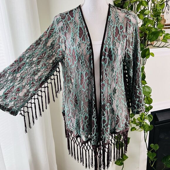 Ryu Anthropologie Turquoise Blue & Brown Open Knit Floral Lacy Boho Blouse Small - Picture 1 of 10